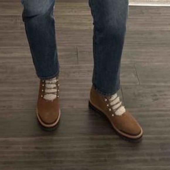 NIB $259 Marc Fisher Izzie suede leather & sheepskin trim lace up boots Lug sole - Picture 2 of 16